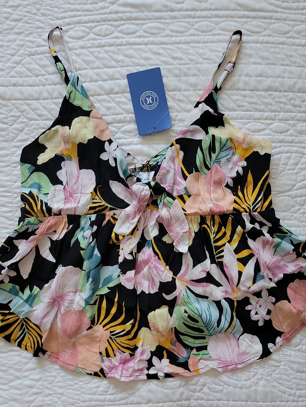 Hurley Black Floral Tie-Front Spaghetti Strap Camisole